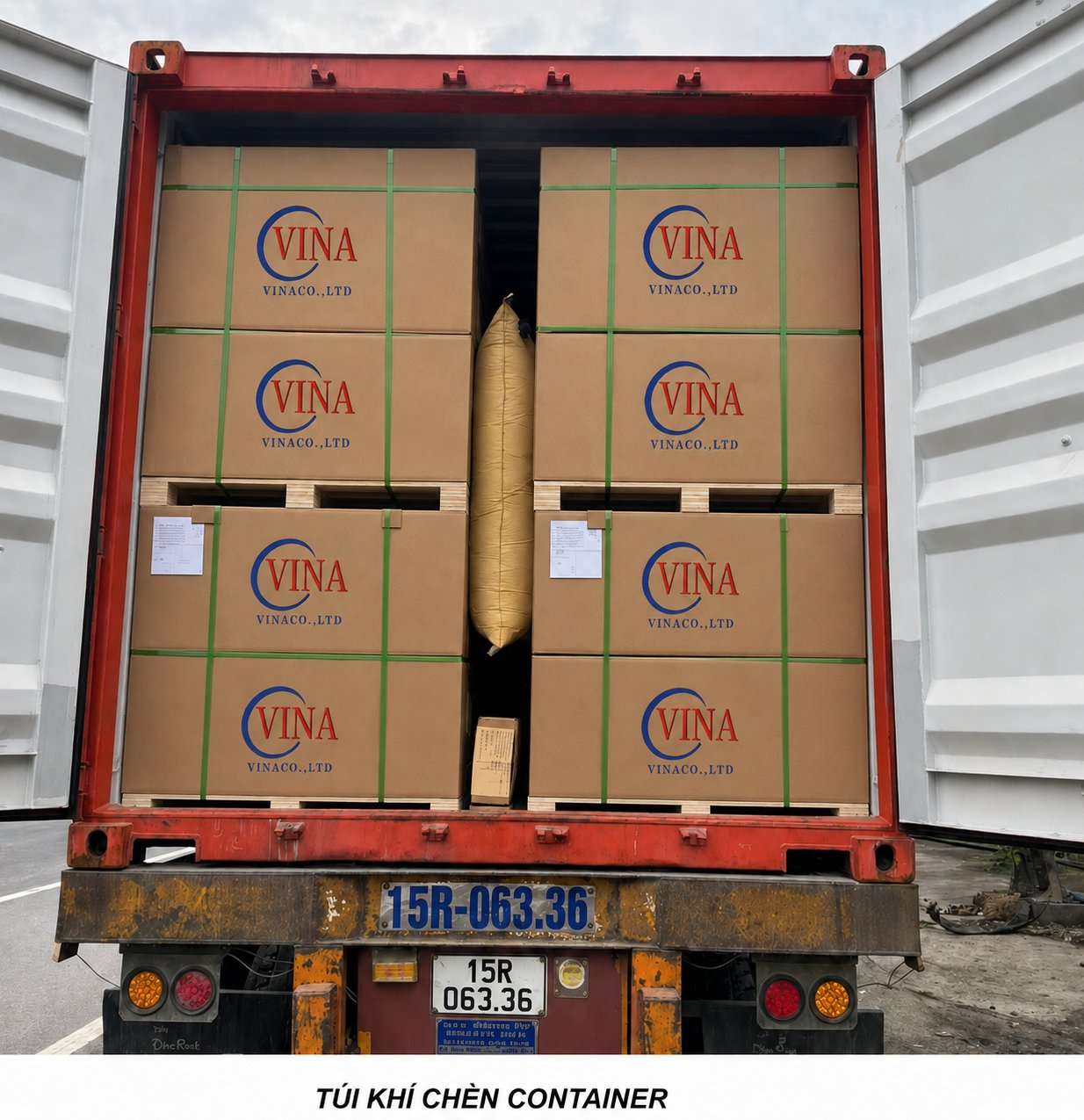 Túi khí chèn hàng container giấy Kraft chèn thực tế giữa các thùng hàng trong container